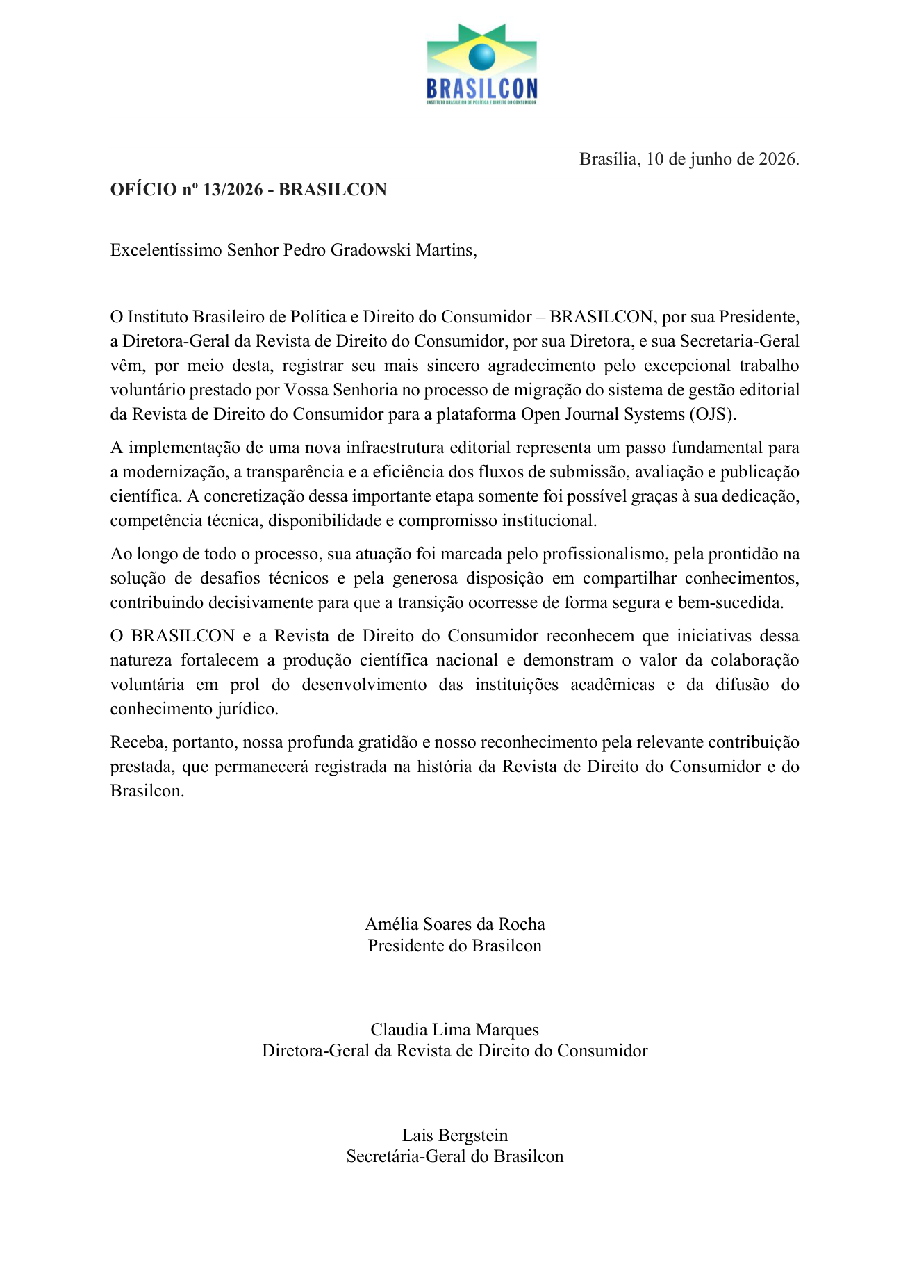 Official recognition letter from BRASILCON (Ofício nº 13/2026)